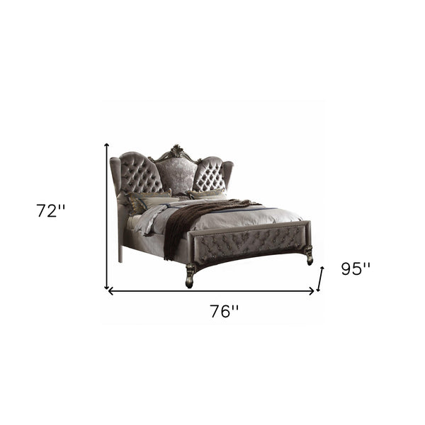 Homeroots Gray Queen Tufted Upholstered Velvet Bed Frame With Nailhead Trim  Polyresin And Manufactured Wood 348196