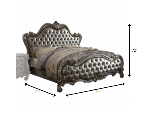 Homeroots 73" X 99" X 72" Silver Pu Antique Platinum Upholstery Poly Resin Queen Bed  Polyresin 348199