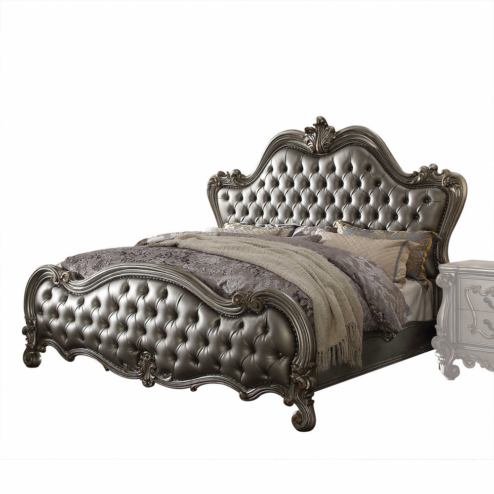 Homeroots 73" X 99" X 72" Silver Pu Antique Platinum Upholstery Poly Resin Queen Bed  Polyresin 348199