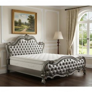 HomeRoots 73" Opulent Silver PU Upholstered Bed with Antique Platinum Accents & Carved Scrollwork Elegance Queen 348199