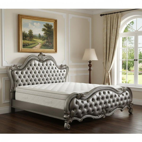 HomeRoots 73" Opulent Silver PU Upholstered Bed with Antique Platinum Accents & Carved Scrollwork Elegance Queen 348199