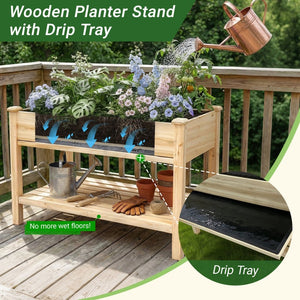 English Elm Raised Wood Planter Bed Counter Height Ergonomic Design with Drainage Tray and Tool Shelf W3166P444935
