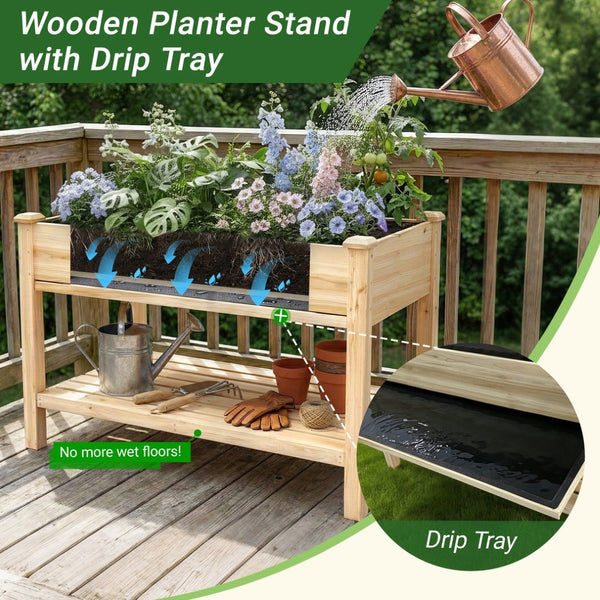 English Elm Raised Wood Planter Bed Counter Height Ergonomic Design with Drainage Tray and Tool Shelf W3166P444935