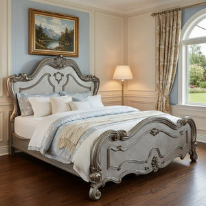 Gray Solid Wood Queen Bed with Ornate Scrollwork Carved Headboard for Master Bedroom
