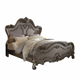 HomeRoots Gray Solid Wood Queen Bed with Ornate Scrollwork Carved Headboard for Master Bedroom 348202