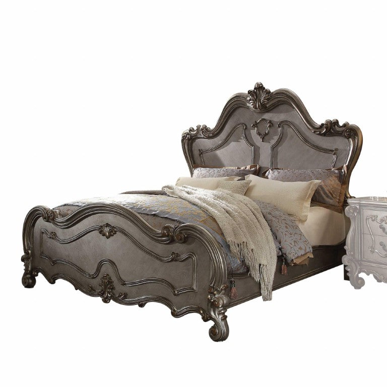 HomeRoots Gray Solid Wood Queen Bed with Ornate Scrollwork Carved Headboard for Master Bedroom 348202