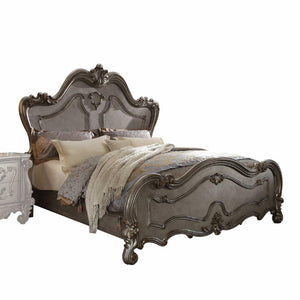 Gray Solid Wood Queen Bed with Ornate Scrollwork Carved Headboard for Master Bedroom