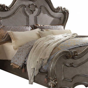 Gray Solid Wood Queen Bed with Ornate Scrollwork Carved Headboard for Master Bedroom