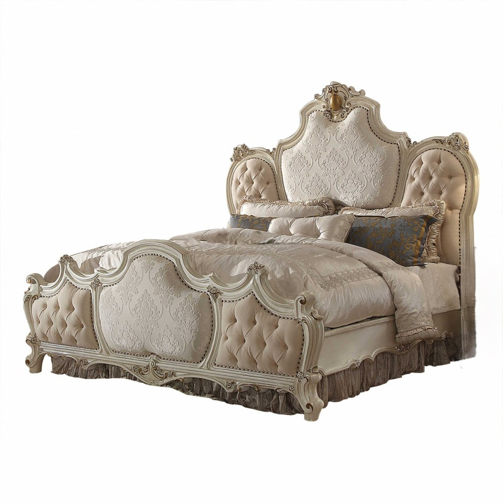 HomeRoots King Tufted Beige Upholstered Bed with Nailhead Trim – Luxurious European Design for Your Bedroom 348203