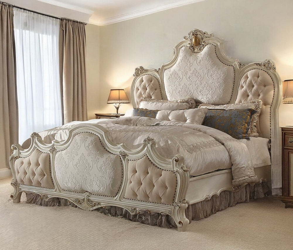 HomeRoots King Tufted Beige Upholstered Bed with Nailhead Trim – Luxurious European Design for Your Bedroom 348203