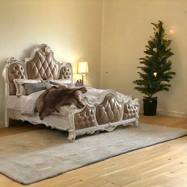 Homeroots Pearl King Tufted Upholstered Faux Leather Bed Frame With Nailhead Trim  Polyresin And Manufactured Wood 348207