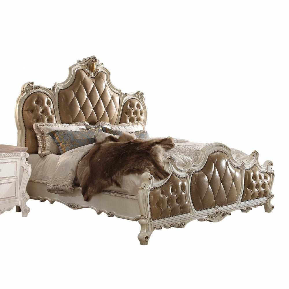 HomeRoots Pearl King Tufted Upholstered Faux Leather Bed Frame with Elegant Nailhead Trim for a Luxe Retreat Queen 348208