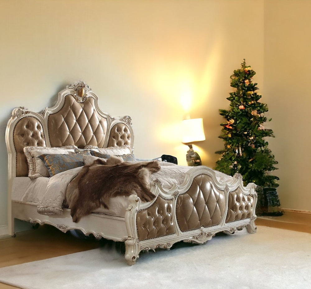 HomeRoots Pearl King Tufted Upholstered Faux Leather Bed Frame with Elegant Nailhead Trim for a Luxe Retreat Queen 348208