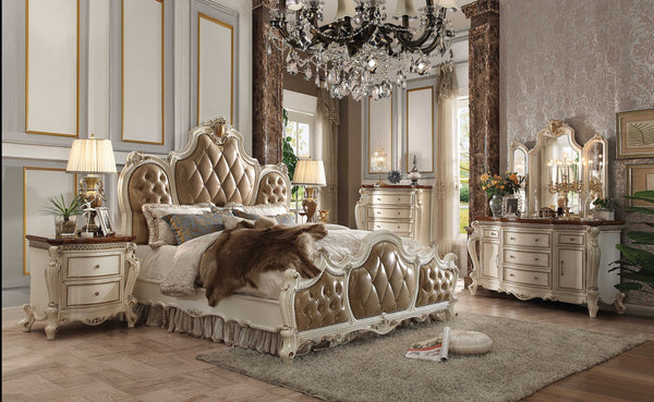 Homeroots Queen Tufted Beige Upholstered Faux Leather Bed With Nailhead Trim  Polyresin And Manufactured Wood 348208
