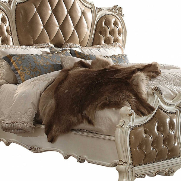 Homeroots Queen Tufted Beige Upholstered Faux Leather Bed With Nailhead Trim  Polyresin And Manufactured Wood 348208