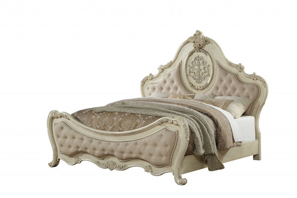 HomeRoots Beige Wood and Linen Bed Frame with Elegant Tufting and Nailhead Trim for Timeless Bedroom Style California King 348209
