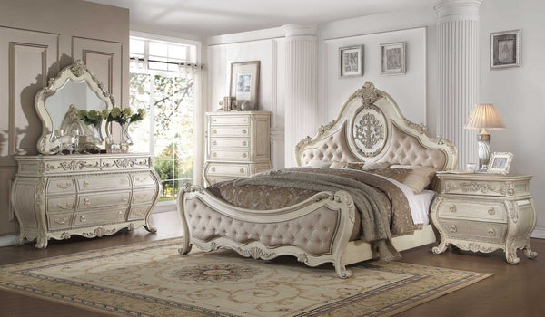 HomeRoots Beige Wood and Linen Bed Frame with Elegant Tufting and Nailhead Trim for Timeless Bedroom Style California King 348209