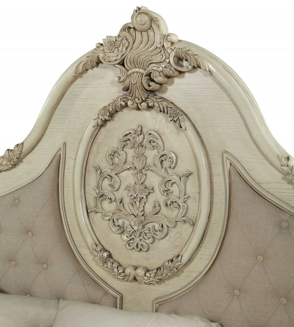 HomeRoots Beige Wood and Linen Bed Frame with Elegant Tufting and Nailhead Trim for Timeless Bedroom Style California King 348209