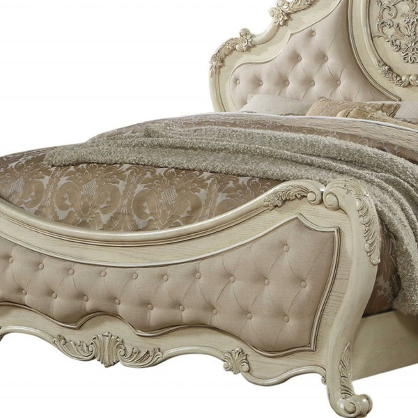 HomeRoots Beige Wood and Linen Bed Frame with Elegant Tufting and Nailhead Trim for Timeless Bedroom Style California King 348209