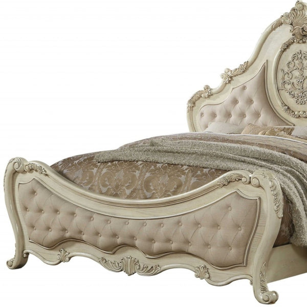 HomeRoots Beige Wood and Linen Bed Frame with Elegant Tufting and Nailhead Trim for Timeless Bedroom Style California King 348209