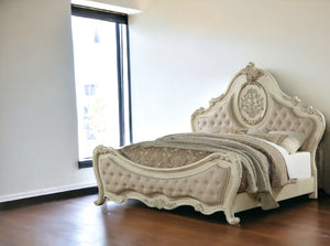 HomeRoots Beige Wood and Linen Bed Frame with Elegant Tufting and Nailhead Trim for Timeless Bedroom Style California King 348209