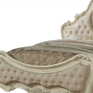 HomeRoots Beige Wood and Linen Bed Frame with Elegant Tufting and Nailhead Trim for Timeless Bedroom Style Eastern King 348210