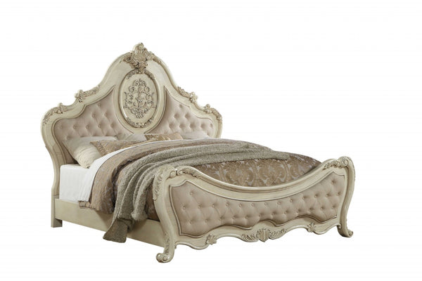 HomeRoots Beige Wood and Linen Bed Frame with Elegant Tufting and Nailhead Trim for Timeless Bedroom Style Eastern King 348210