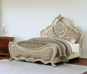 HomeRoots Beige Wood and Linen Bed Frame with Elegant Tufting and Nailhead Trim for Timeless Bedroom Style Eastern King 348210