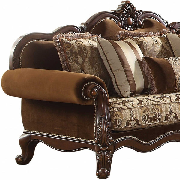 Homeroots 37" Oak Velvet Floral Sofa And Toss Pillows With Espresso Legs   348213