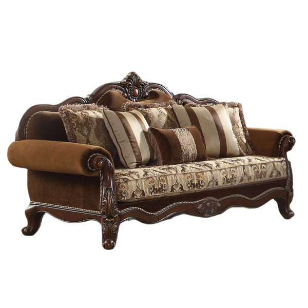 Homeroots 37" Oak Velvet Floral Sofa And Toss Pillows With Espresso Legs   348213