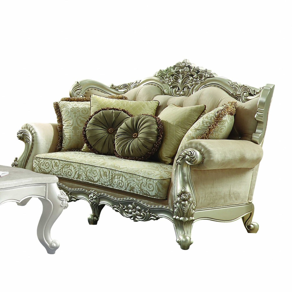 HomeRoots 72" Timeless Green Damask Chesterfield Loveseat with Plush Pillows for Elegant Living Spaces 348215