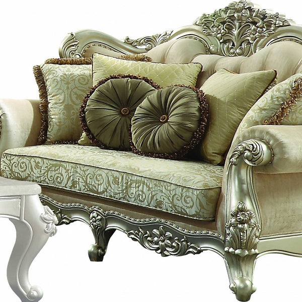 Homeroots 72" Green And Light Green Polyester Blend Damask Chesterfield Loveseat And Toss Pillows   348215