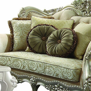 Homeroots 72" Green And Light Green Polyester Blend Damask Chesterfield Loveseat And Toss Pillows   348215