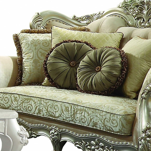 Homeroots 72" Green And Light Green Polyester Blend Damask Chesterfield Loveseat And Toss Pillows   348215