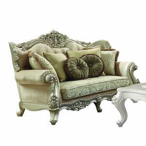 Homeroots 72" Green And Light Green Polyester Blend Damask Chesterfield Loveseat And Toss Pillows   348215