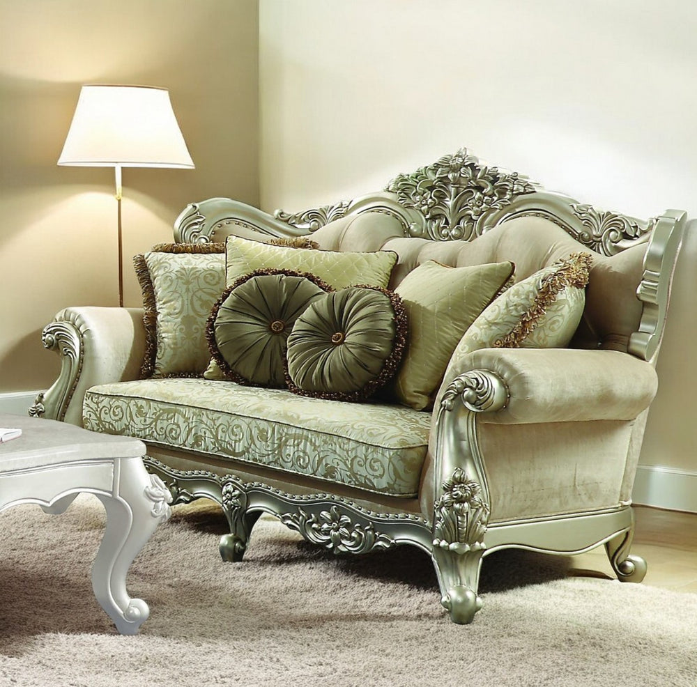 HomeRoots 72" Timeless Green Damask Chesterfield Loveseat with Plush Pillows for Elegant Living Spaces 348215