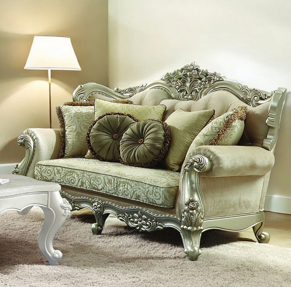 Homeroots 72" Green And Light Green Polyester Blend Damask Chesterfield Loveseat And Toss Pillows   348215