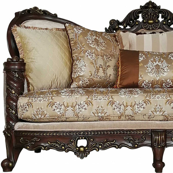Homeroots 39" Beige Floral Sofa And Toss Pillows With Dark Brown Legs   348217