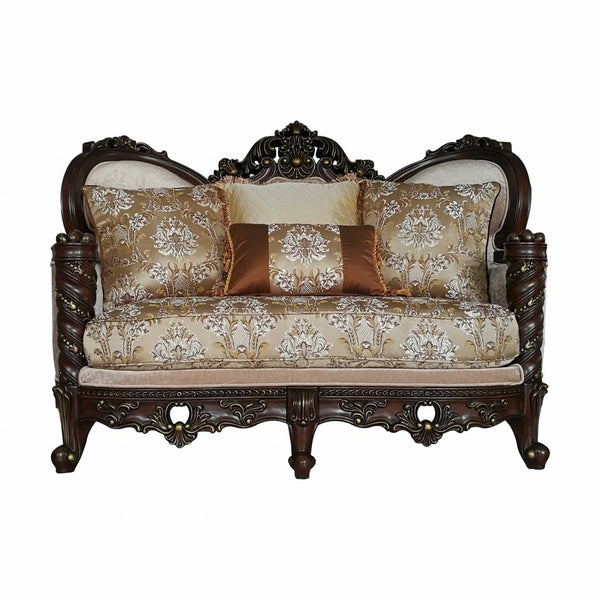 HomeRoots 68" Elegant Cream and Brown Damask Chesterfield Loveseat with Toss Pillows for Cozy Living Spaces 348218