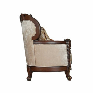 HomeRoots 68" Elegant Cream and Brown Damask Chesterfield Loveseat with Toss Pillows for Cozy Living Spaces 348218