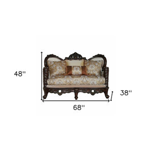 HomeRoots 68" Elegant Cream and Brown Damask Chesterfield Loveseat with Toss Pillows for Cozy Living Spaces 348218