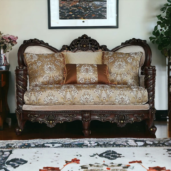 HomeRoots 68" Elegant Cream and Brown Damask Chesterfield Loveseat with Toss Pillows for Cozy Living Spaces 348218
