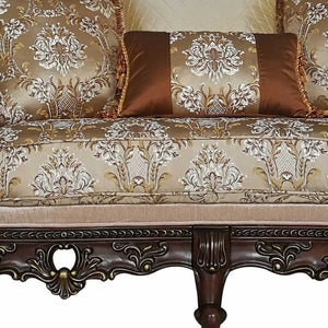 HomeRoots 68" Elegant Cream and Brown Damask Chesterfield Loveseat with Toss Pillows for Cozy Living Spaces 348218