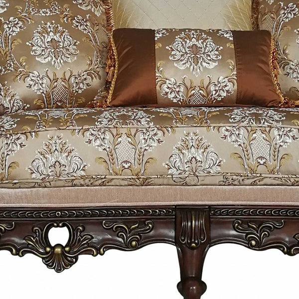 HomeRoots 68" Elegant Cream and Brown Damask Chesterfield Loveseat with Toss Pillows for Cozy Living Spaces 348218