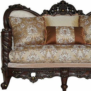 HomeRoots 68" Elegant Cream and Brown Damask Chesterfield Loveseat with Toss Pillows for Cozy Living Spaces 348218