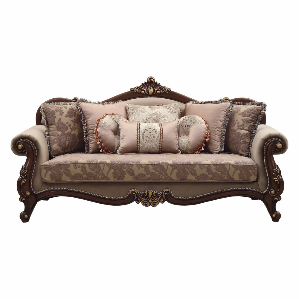 Homeroots 88" Beige Velvet Floral Sofa And Toss Pillows With Brown Legs   348219