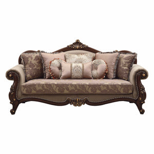 Homeroots 88" Beige Velvet Floral Sofa And Toss Pillows With Brown Legs   348219