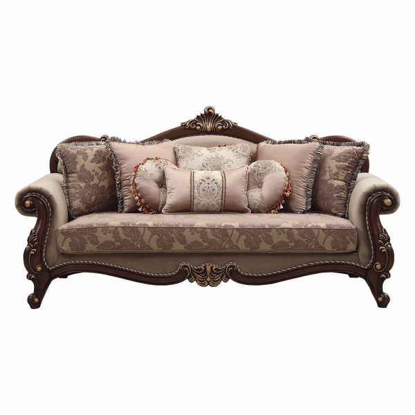 Homeroots 88" Beige Velvet Floral Sofa And Toss Pillows With Brown Legs   348219