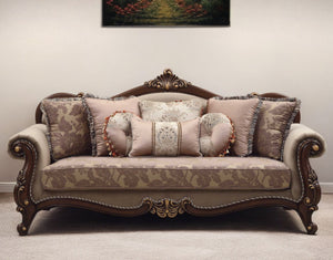Homeroots 88" Beige Velvet Floral Sofa And Toss Pillows With Brown Legs   348219