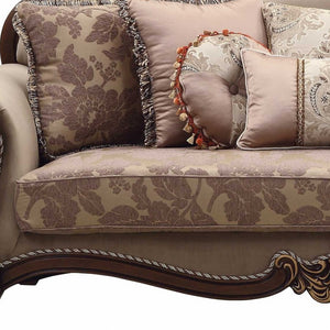Homeroots 88" Beige Velvet Floral Sofa And Toss Pillows With Brown Legs   348219